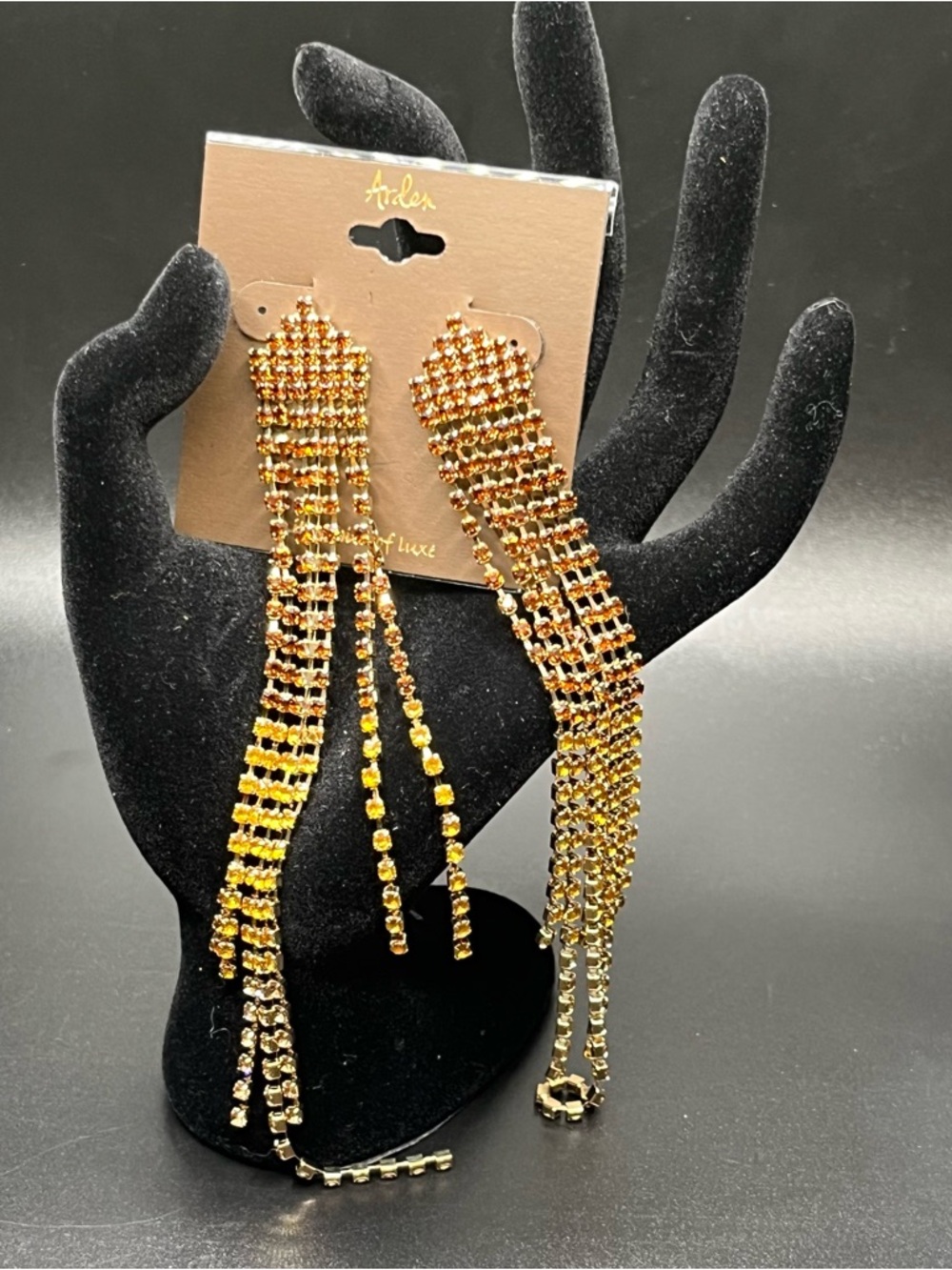 Long rhinestone fringe statement earrings gold tone amber sparkle NWT